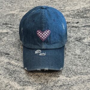 New Custom Designed Blue Distressed Baseball Cap with Purple Checkered Heart